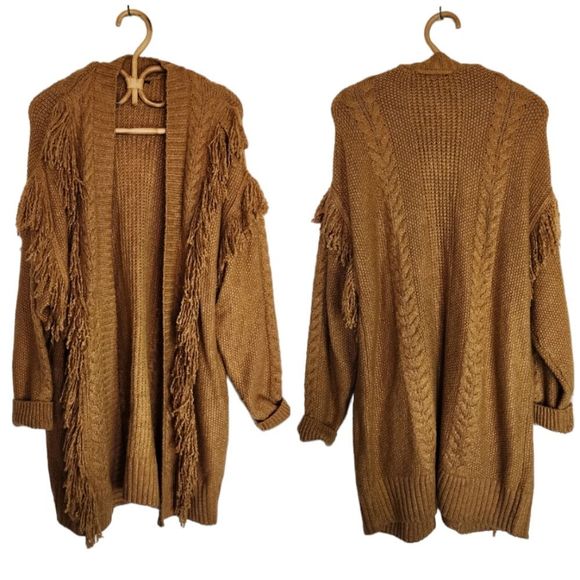 Sweaters - Brown fringe long cardigan sweater